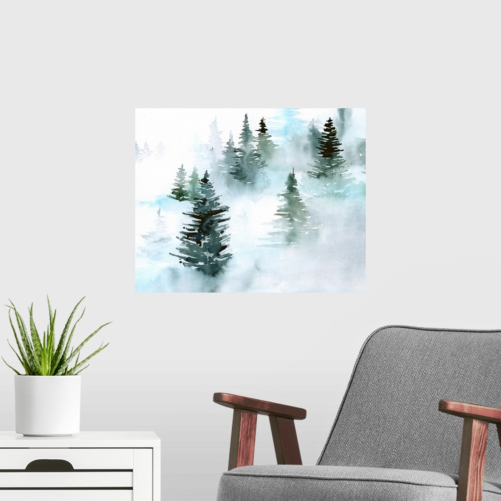 A modern room featuring Foggy Evergreens I