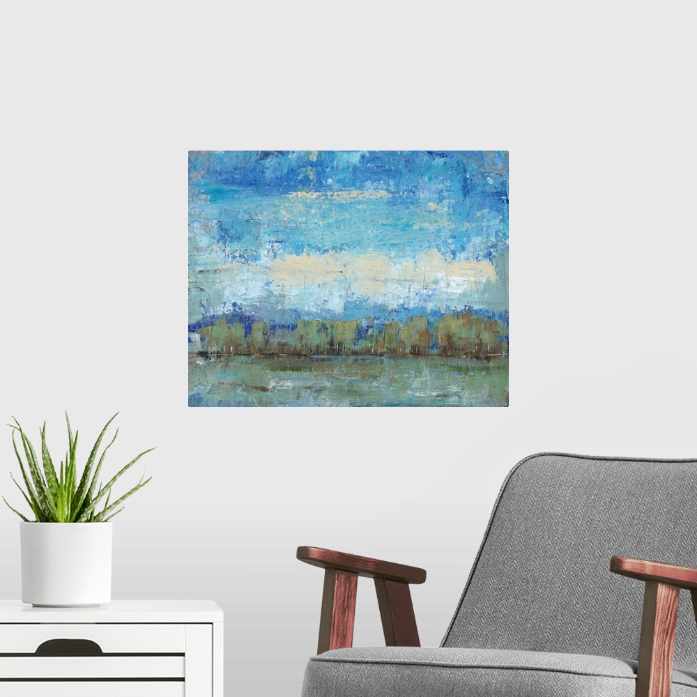 A modern room featuring Semi-abstract painting of a grove of trees under a blue sky.