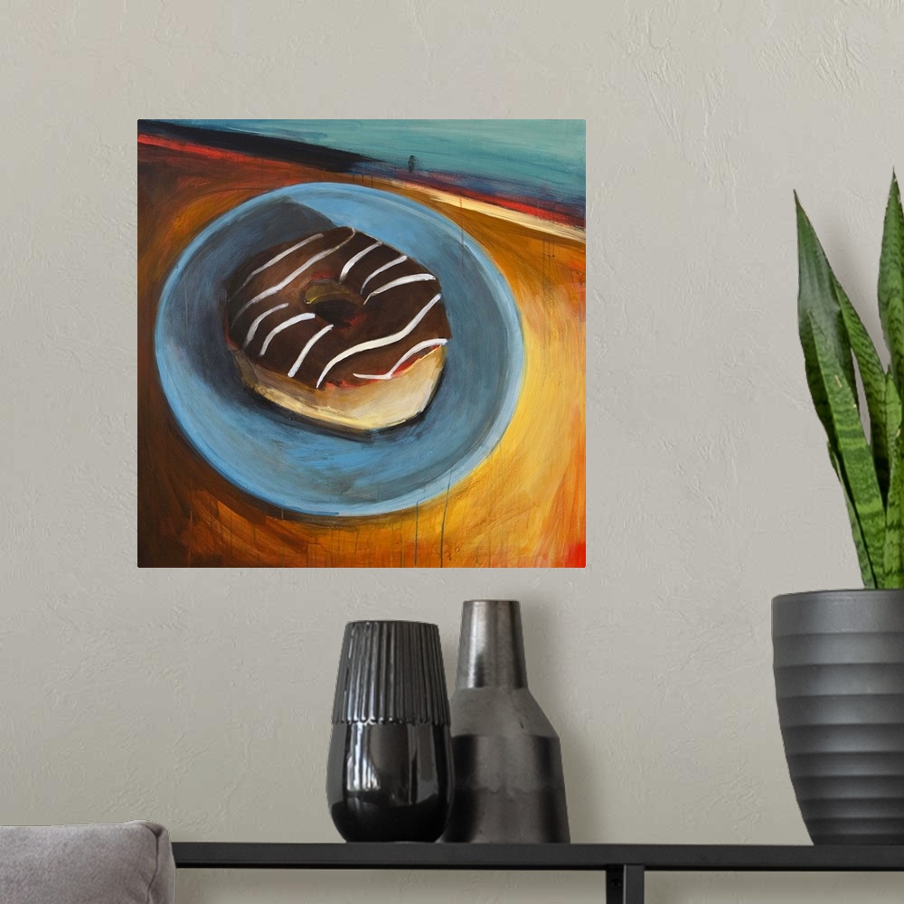 A modern room featuring Contemporary painting of a chocolate frosted donut on a blue plate.