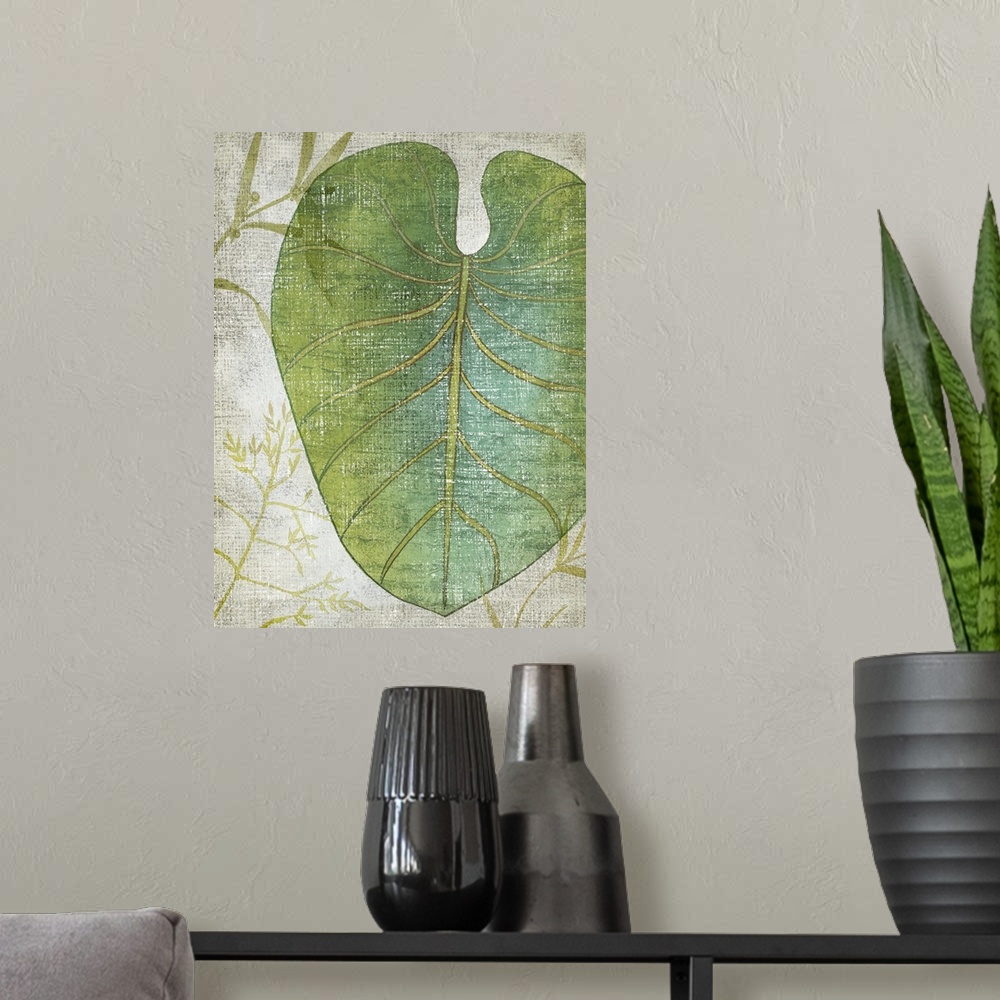 A modern room featuring Vertical decor with an illustrated tropical leaf on a textured neutral colored background.