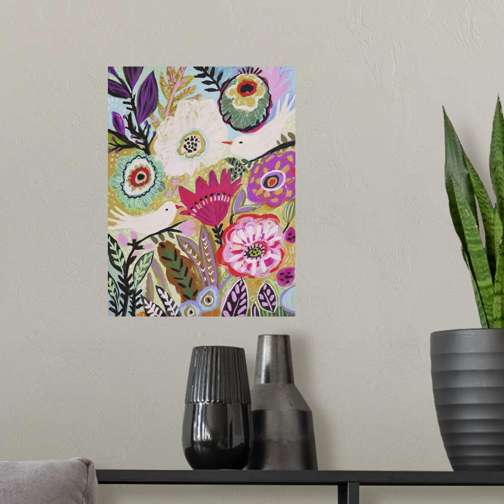 A modern room featuring A colorful contemporary painting of a white bird in a flower garden.