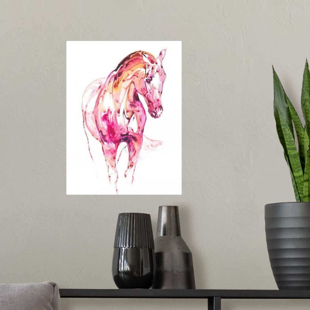 A modern room featuring Watercolor painting of a horse created with pink, purple, and orange hues on a white background.