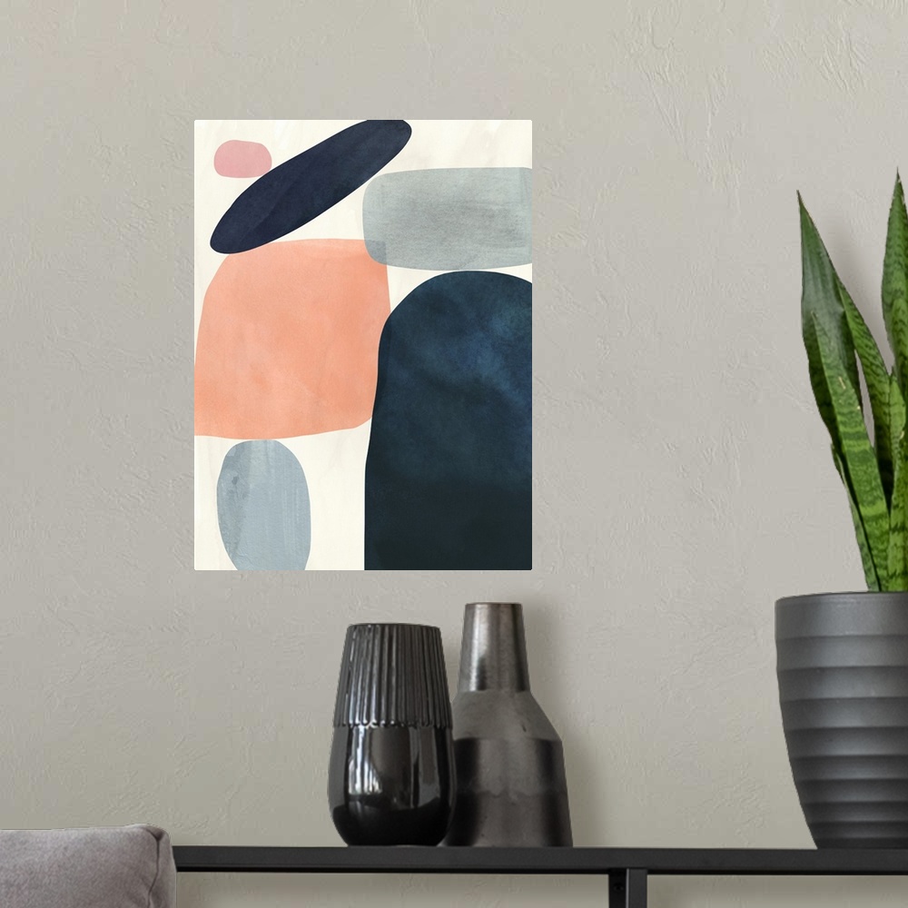 A modern room featuring Contemporary abstract painting with large shapes in blue and pink.