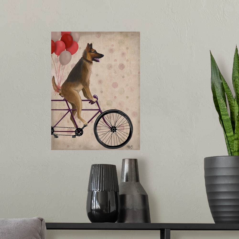 A modern room featuring Decorative artwork of a German Shepherd riding on a purple bicycle with pink, red, and white ball...