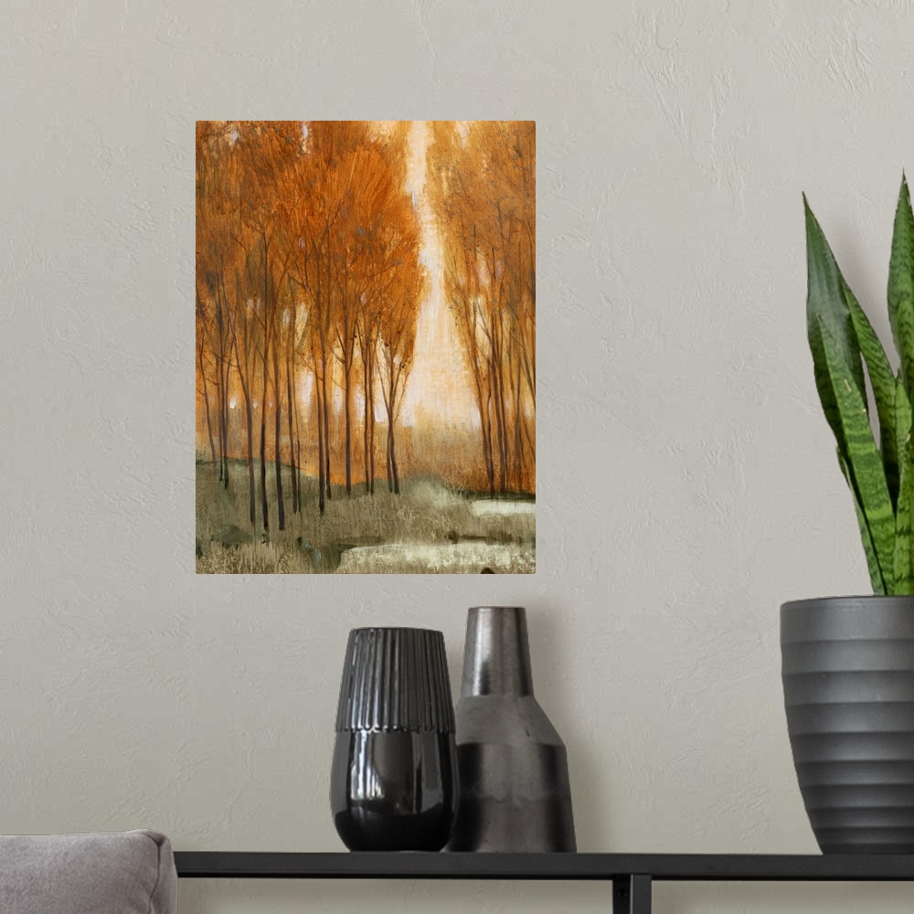 A modern room featuring A painting looking through a narrow arch to a clearing in a forest.