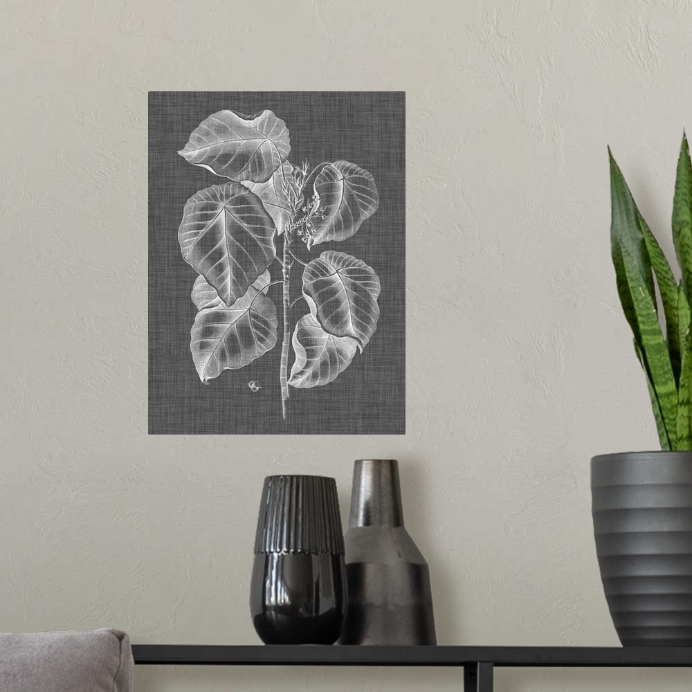 A modern room featuring Black, white, and gray illustrated foliage on a vertical background.