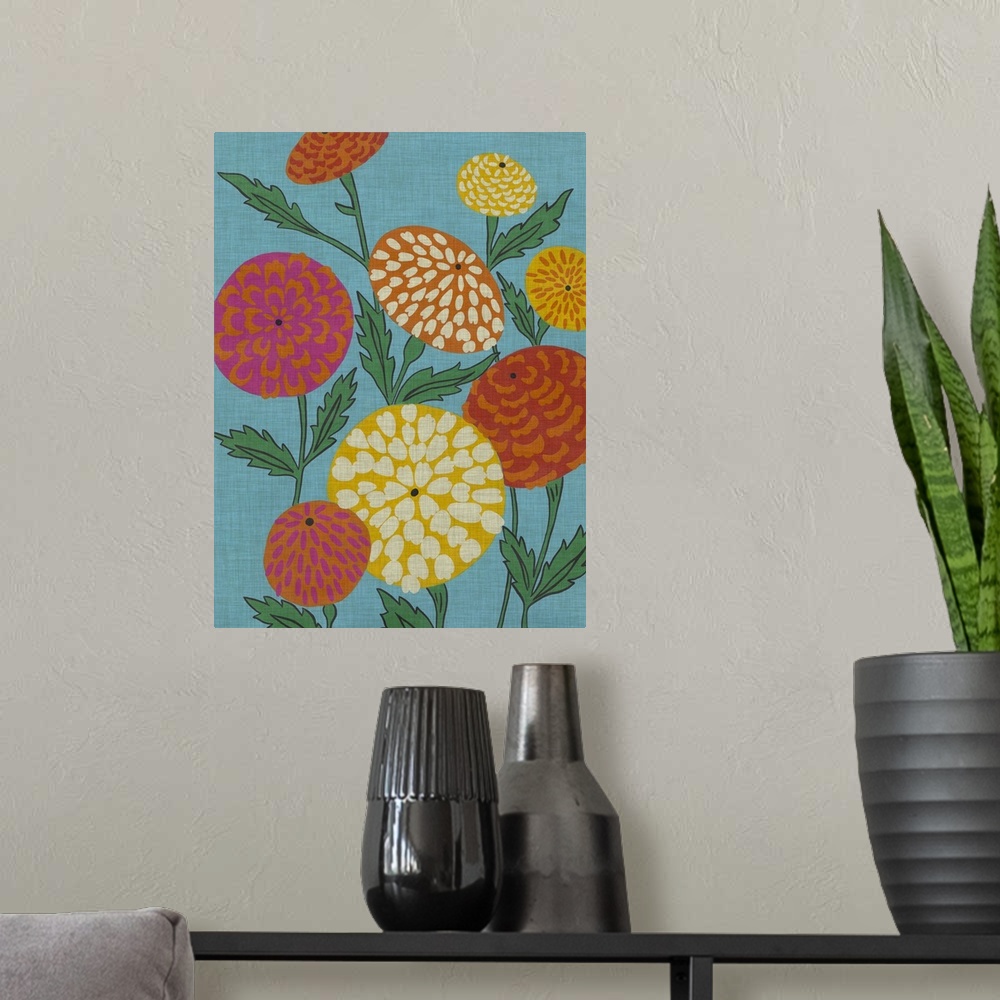 A modern room featuring Retro poster style flowers in pale colors against a blue background