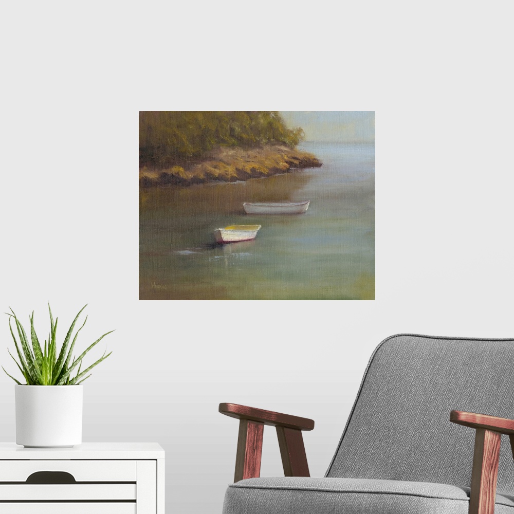 A modern room featuring Contemporary painting of two white boats anchored near a shoreline.
