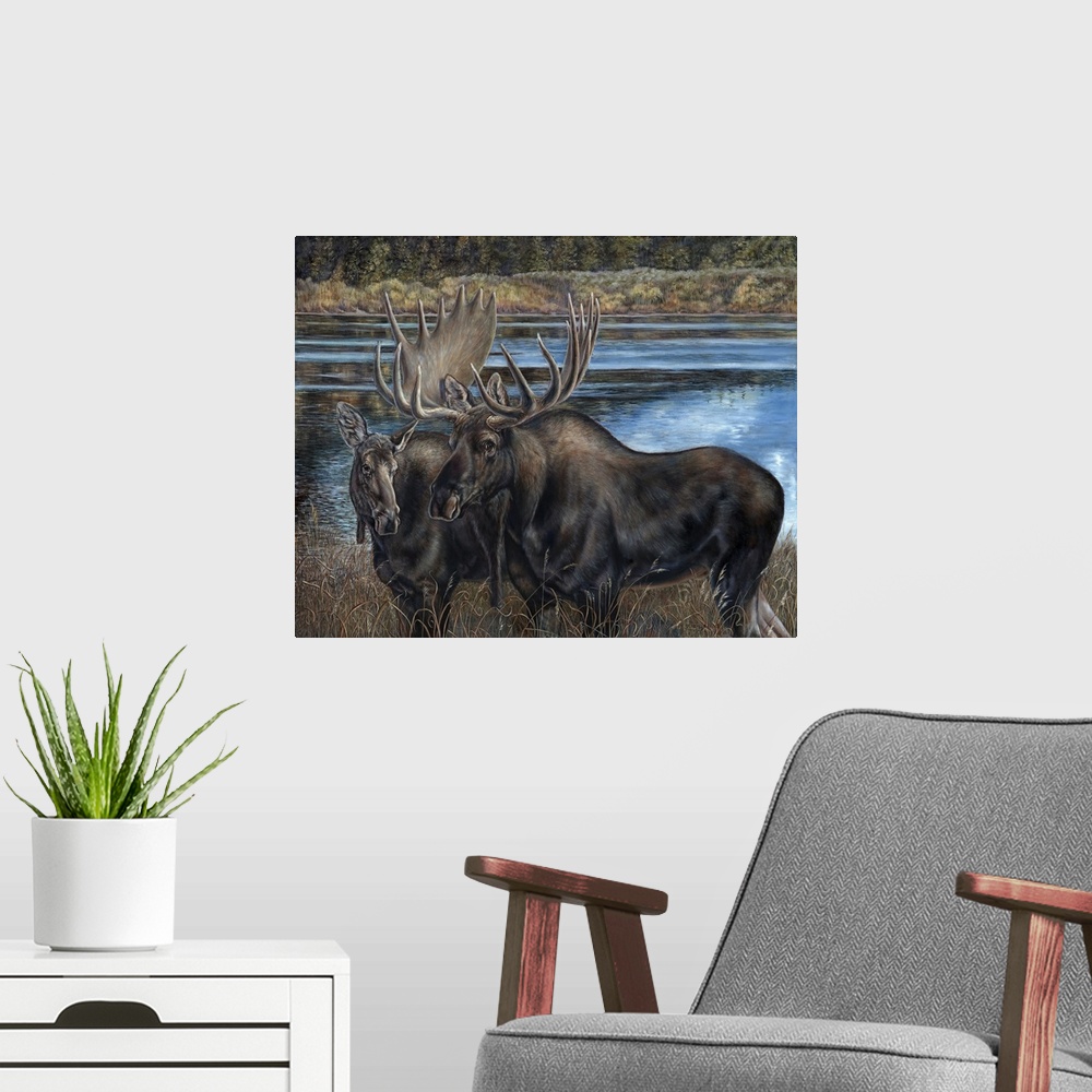 A modern room featuring Contemporary painting of a male and female moose beside a river.