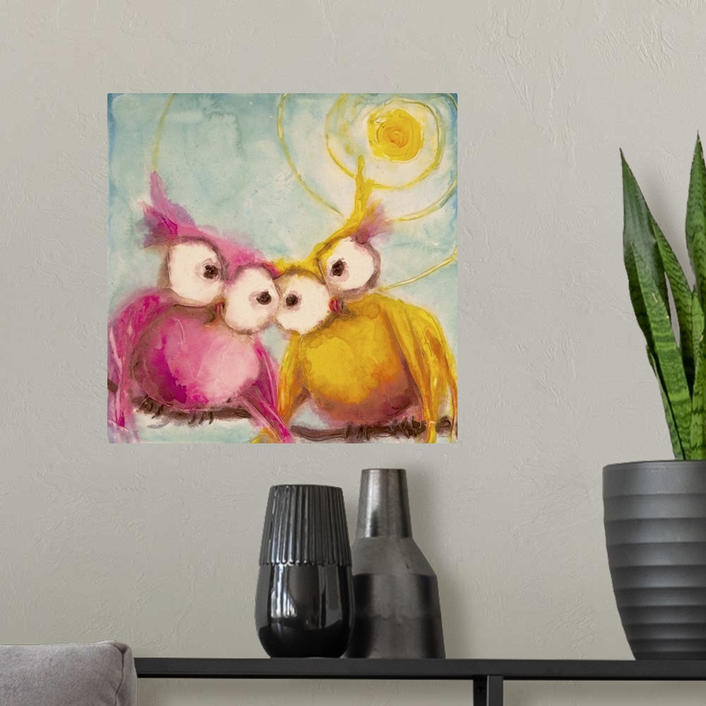 A modern room featuring Cute painting of two owls with large eyes in love under the bright sun.