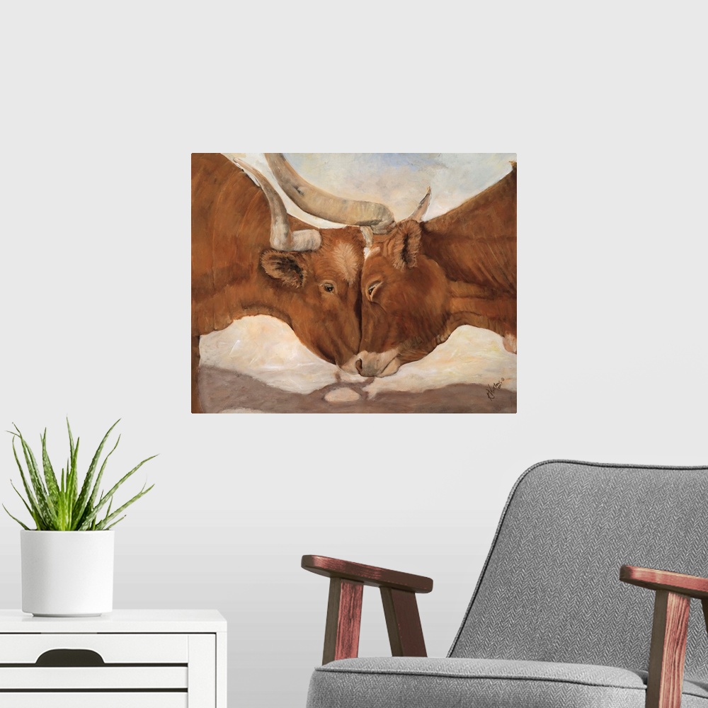 A modern room featuring Horizontal contemporary artwork of two bulls going head to head with locked horns.