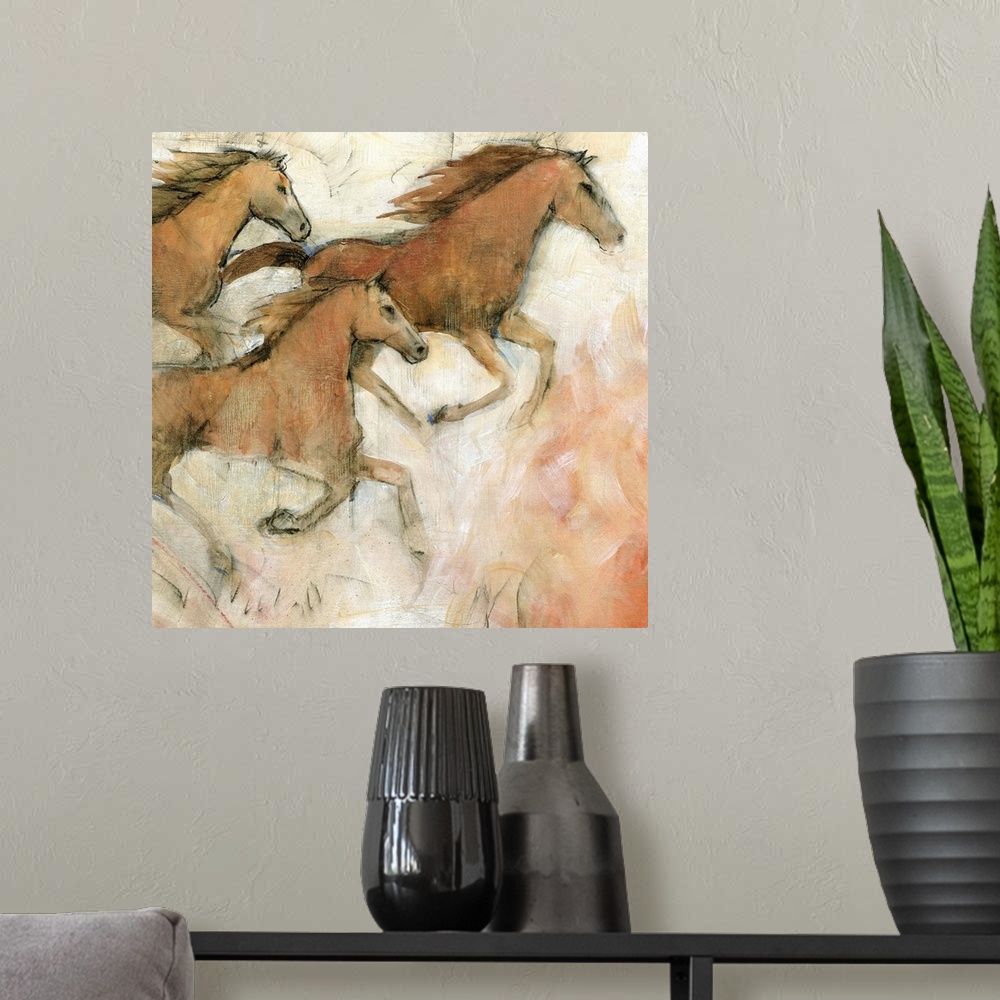 A modern room featuring Contemporary painting of galloping horses.