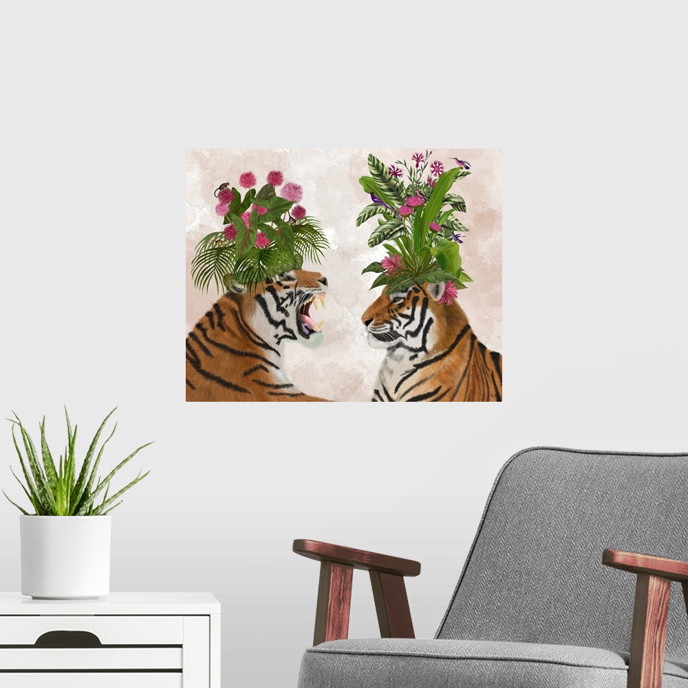 A modern room featuring Hot House Tigers, Pair, Pink Green
