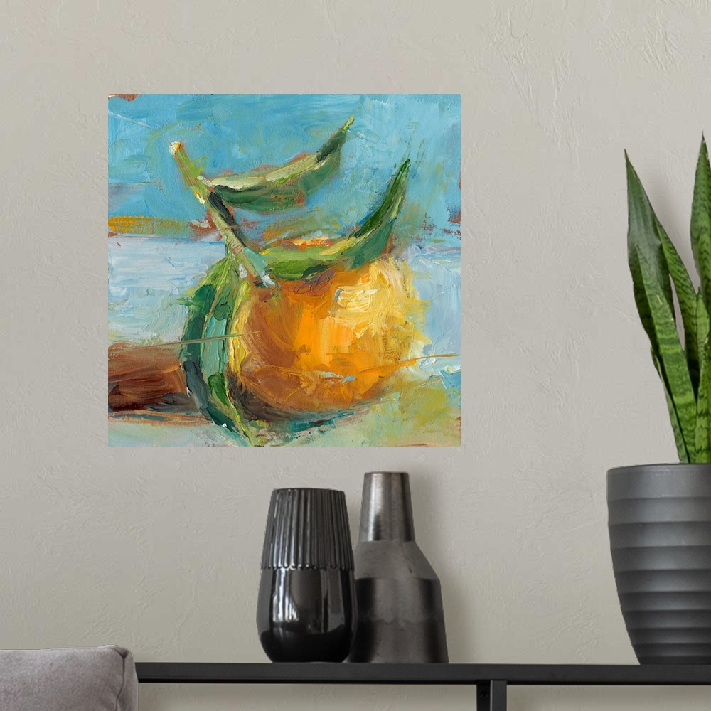 A modern room featuring Contemporary painting of a fresh lemon in an impressionist style.