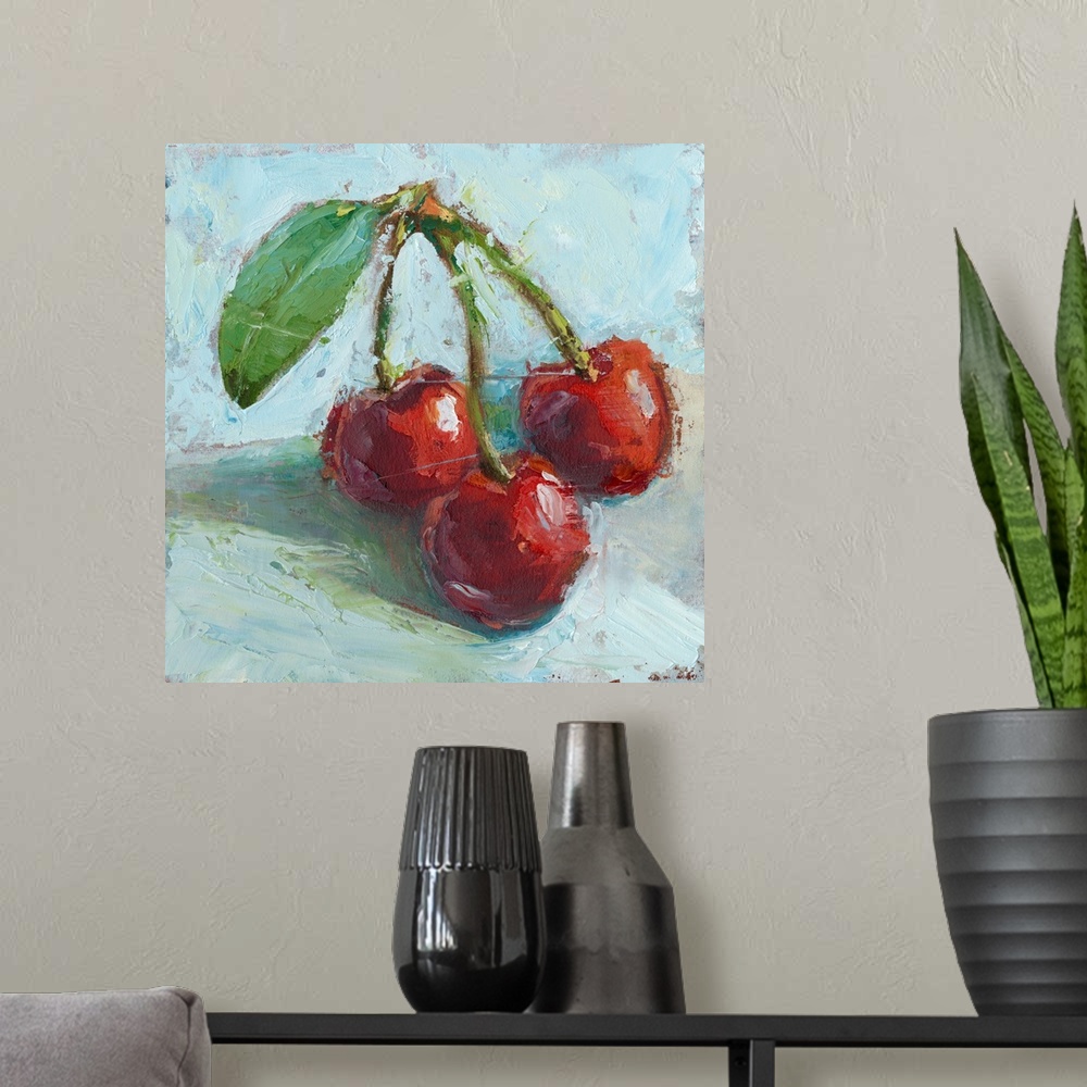 A modern room featuring Contemporary painting of red cherries in an impressionist style.