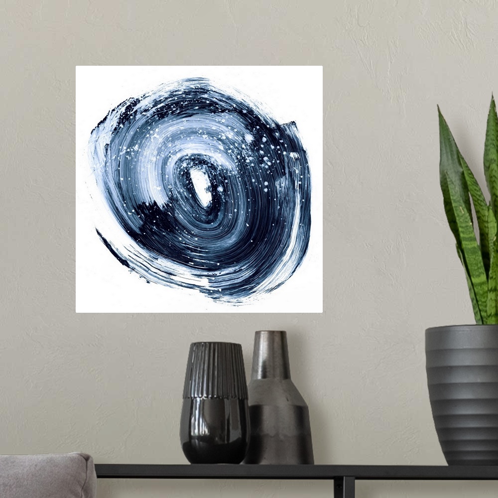 A modern room featuring Contemporary abstract painting of a circular nebula shape in a dark indigo blue against a white b...