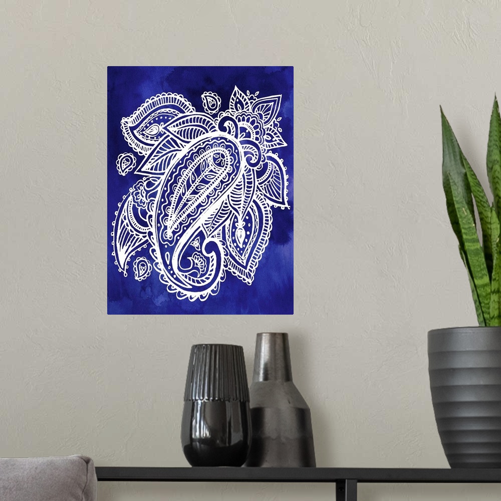 A modern room featuring Artistic design of a large paisley pattern in white on an indigo blue backdrop.