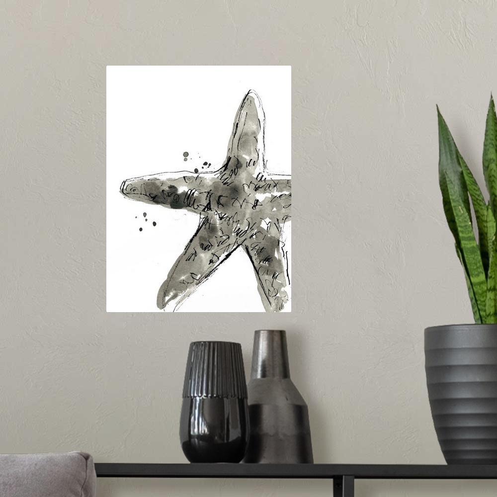 A modern room featuring Black and white watercolor painting of a starfish.