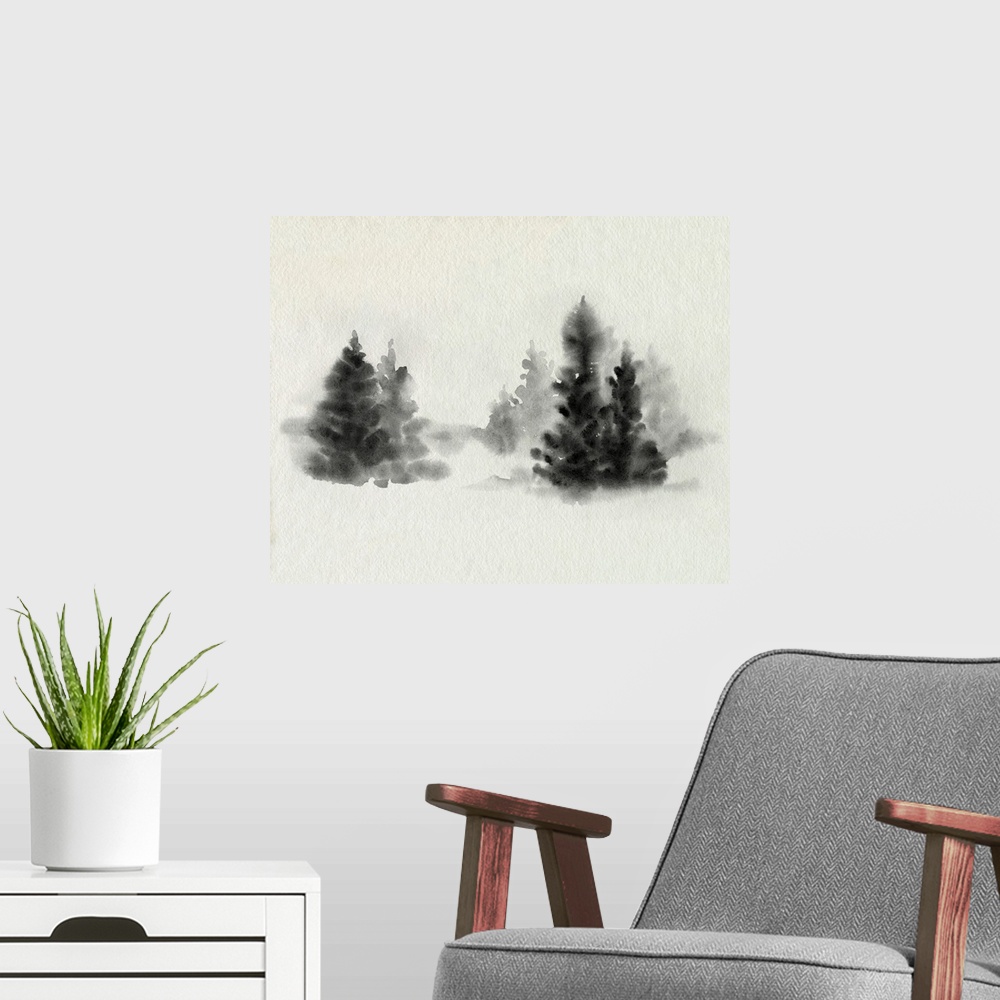A modern room featuring Inked Pine Forest IV