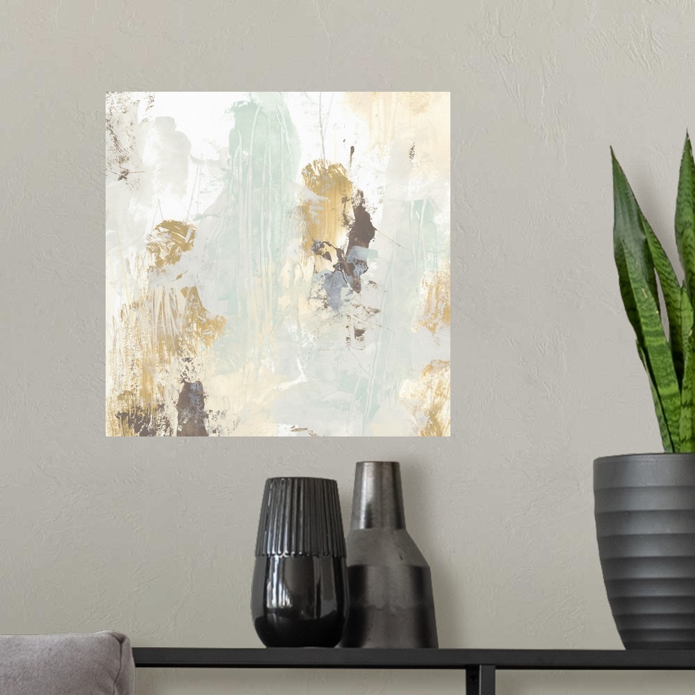 A modern room featuring Contemporary abstract painting in pale neutral shades.