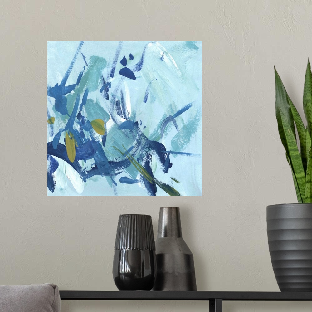 A modern room featuring Contemporary abstract painting in various shades of blue with green accents.