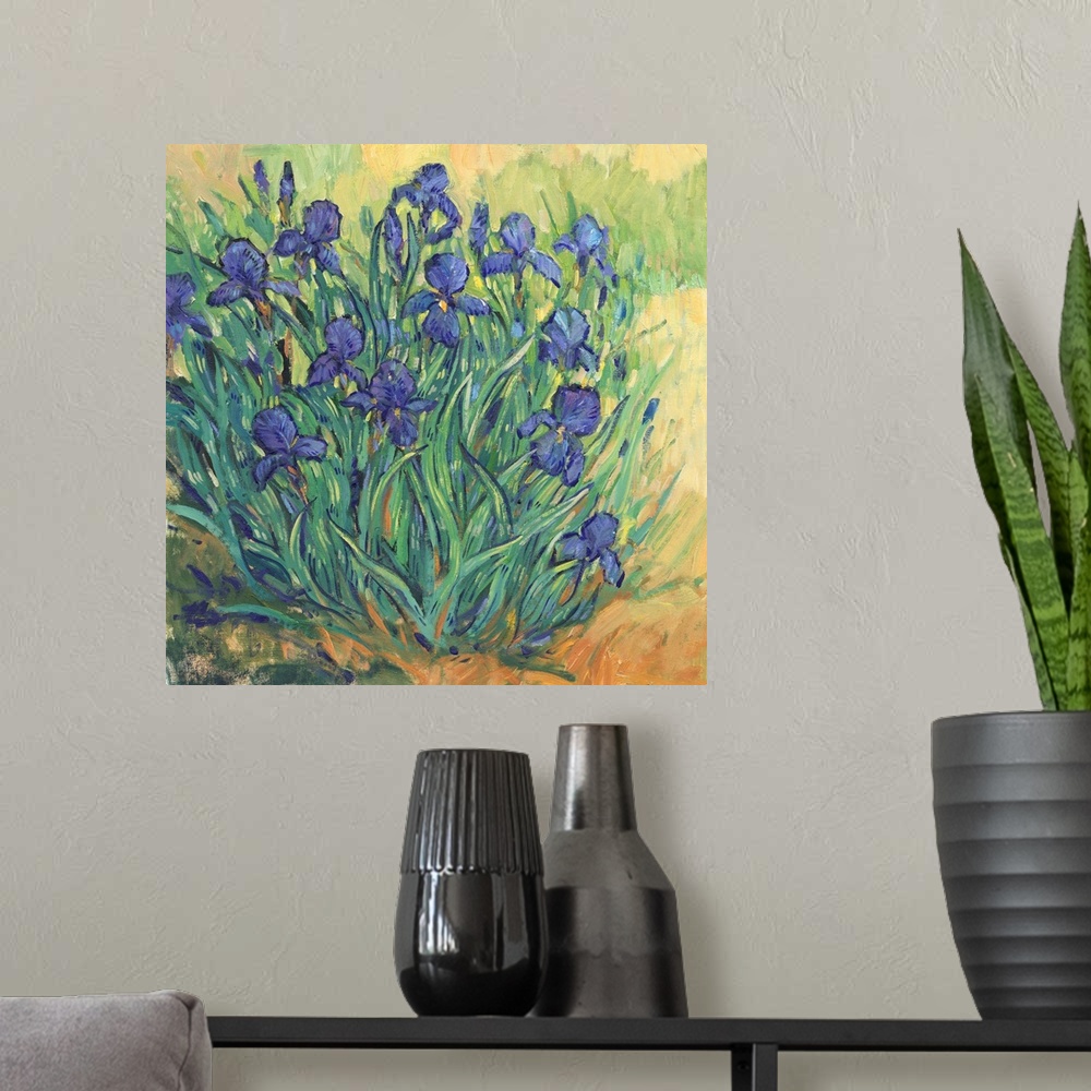 A modern room featuring Irises In Bloom II