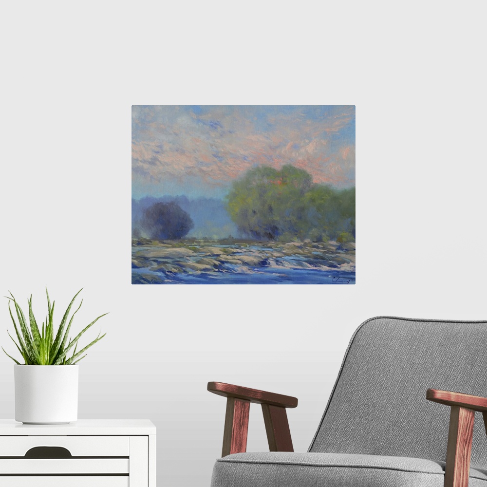 A modern room featuring A painting of a river scene with trees along the shore.