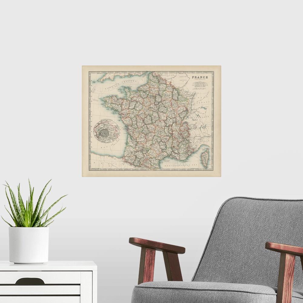 A modern room featuring Vintage map of the country of France.