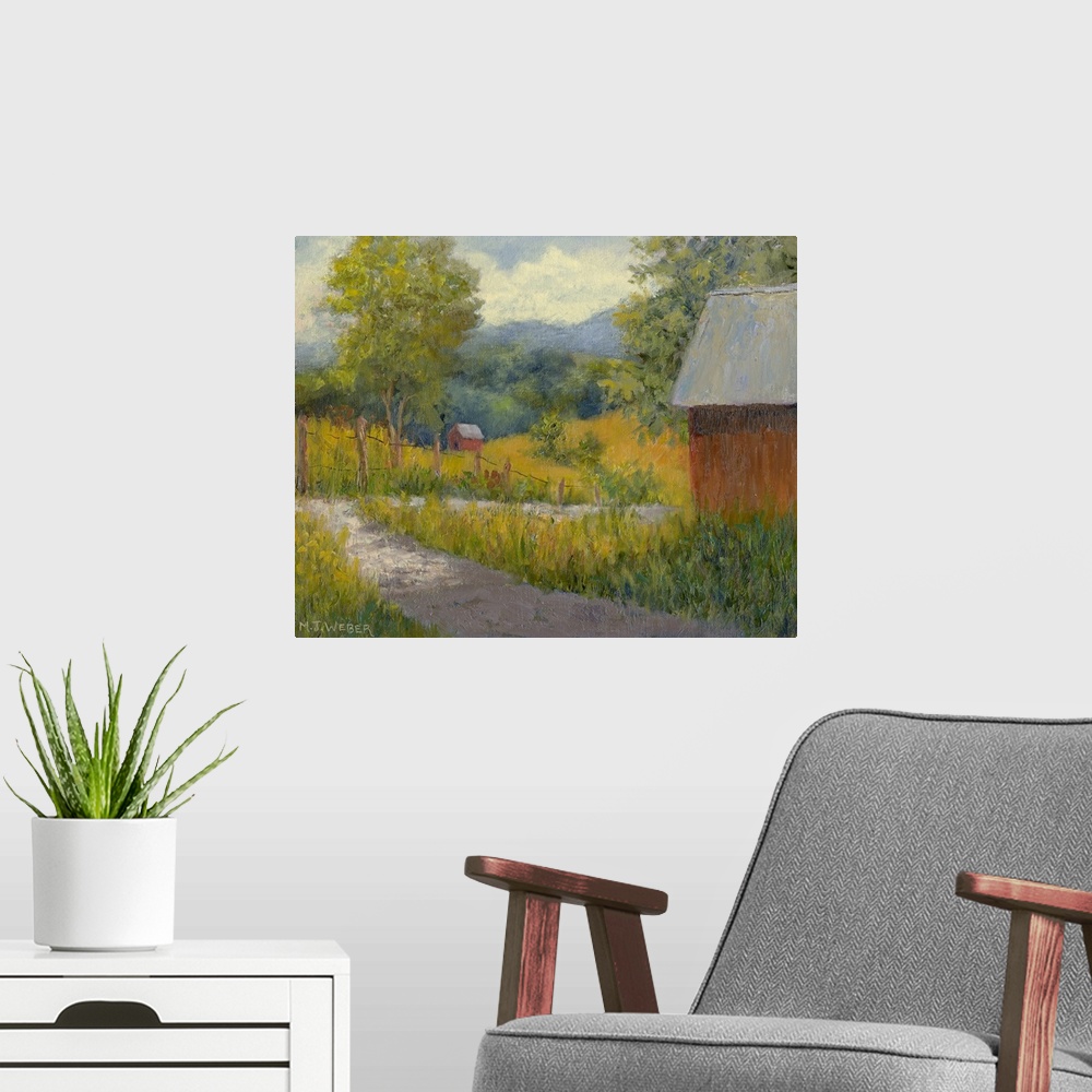 A modern room featuring Horizontal painting on a big wall hanging of a small path leading through a green landscape on a ...