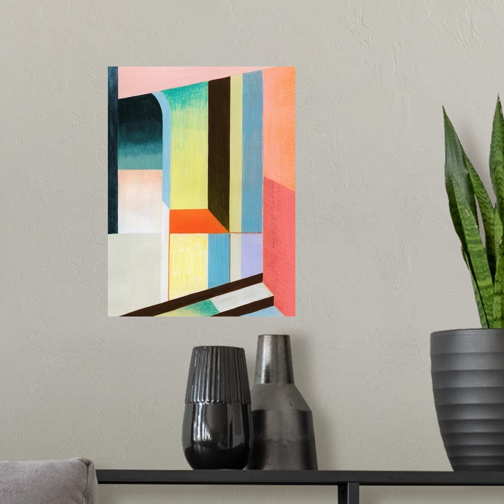 A modern room featuring A brightly colored geometric abstract piece featuring an archway and block shapes that appear to ...