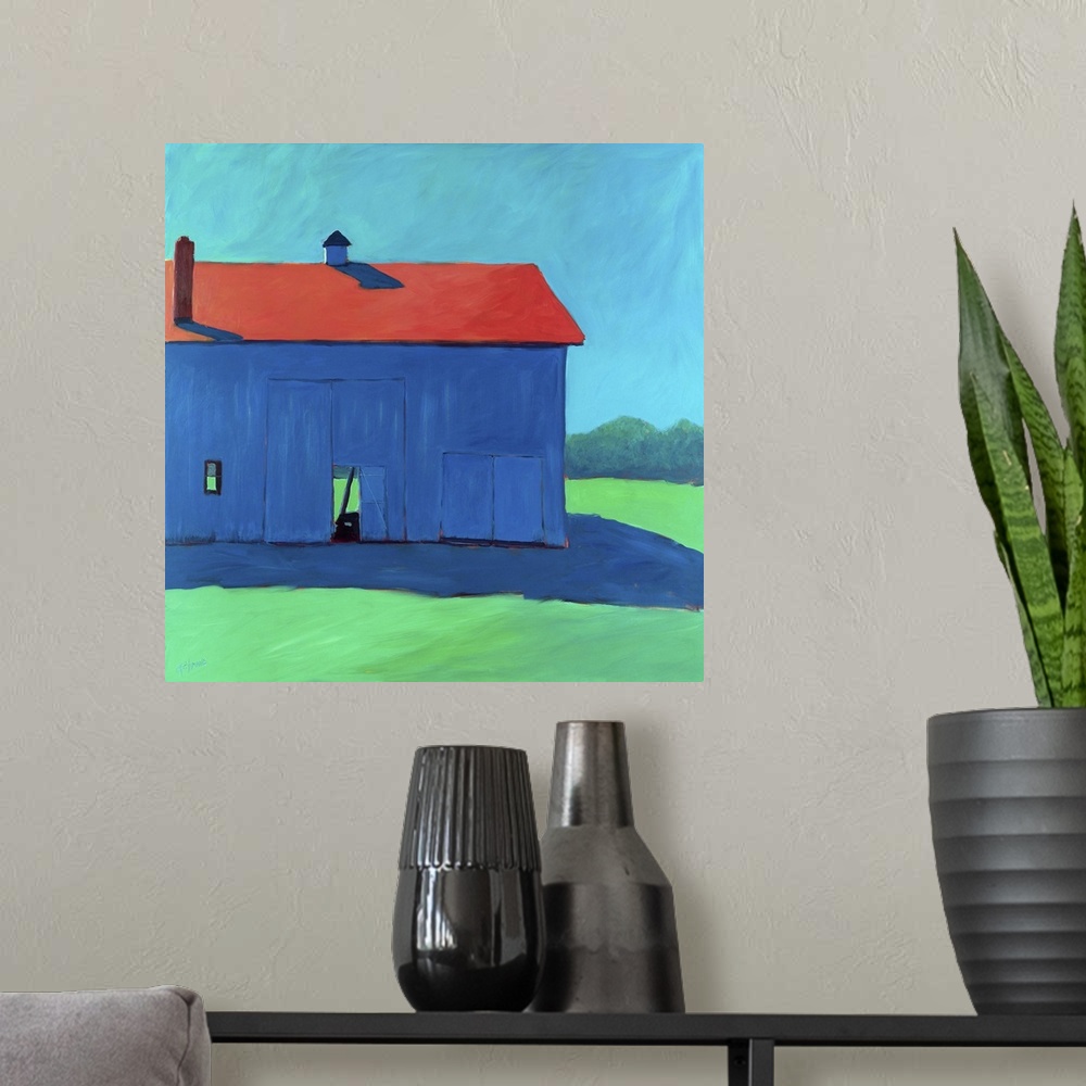 A modern room featuring Square artwork of a stable on a countryside landscape in bright primary and secondary colors.