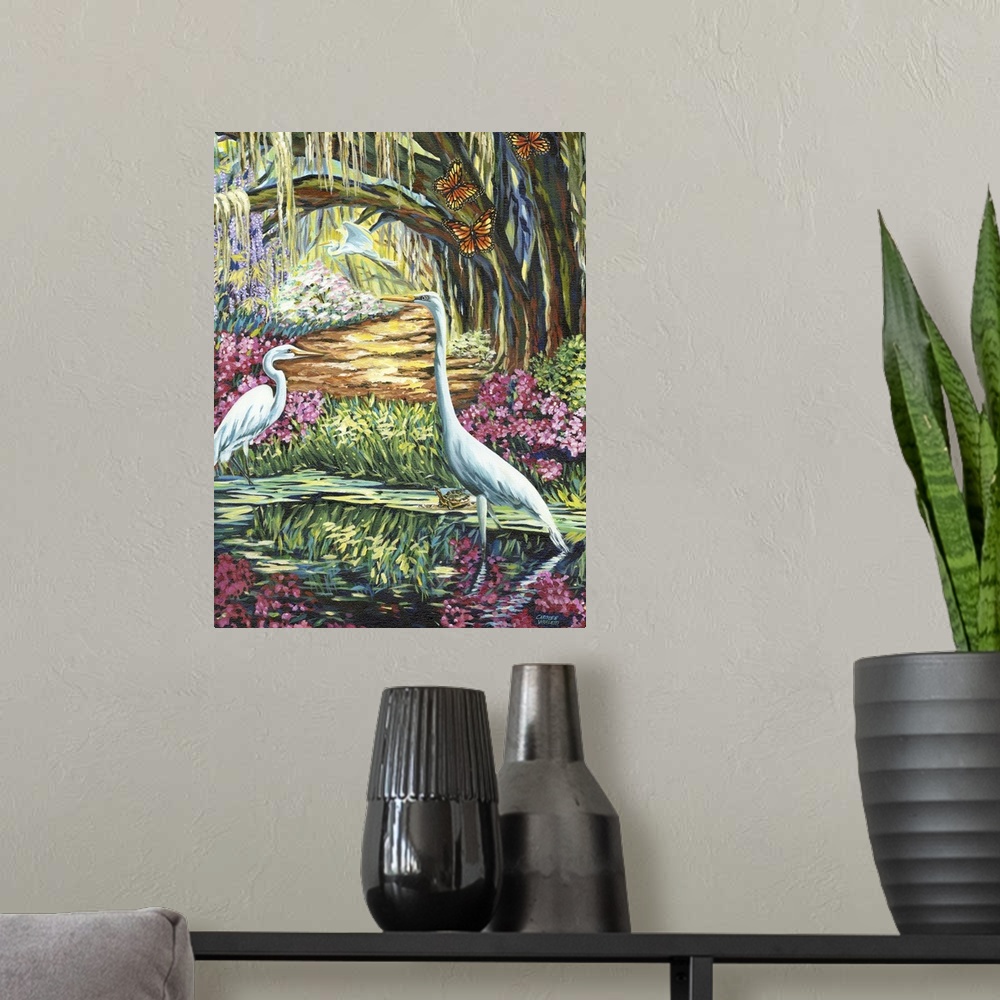 A modern room featuring Contemporary painting of two white egrets in a garden pond a willow tree and butterflies.