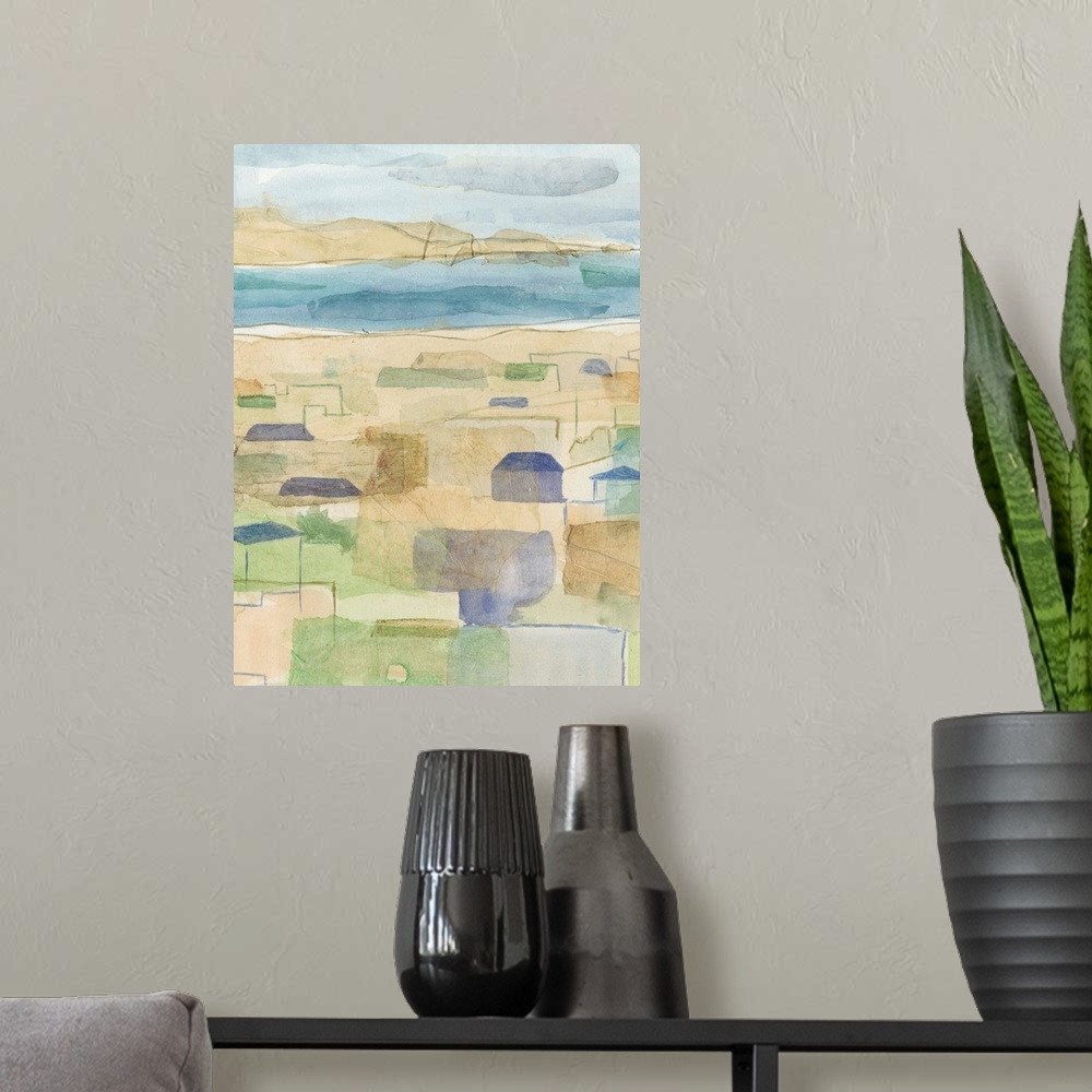 A modern room featuring Vertical abstract watercolor painting of a Mediterranean coast village done in muted tones with l...