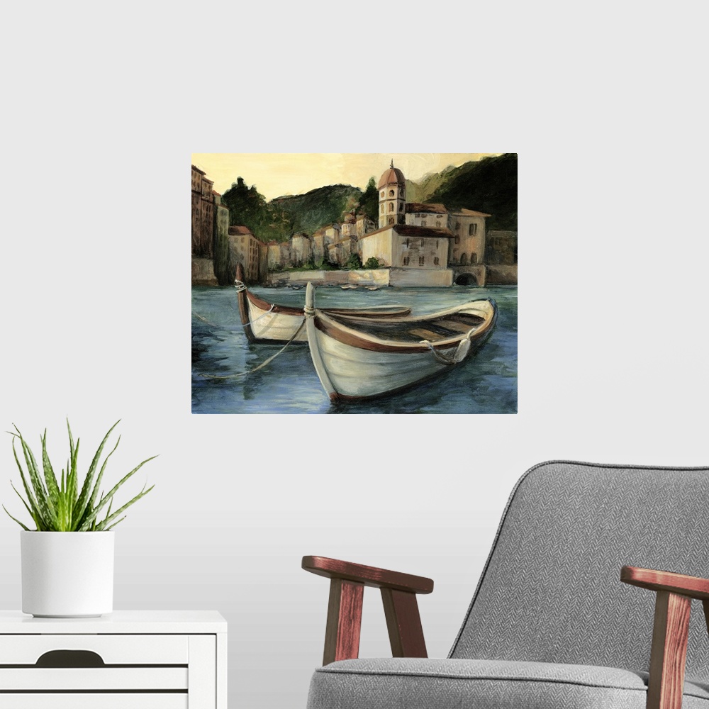 A modern room featuring Contemporary painting of a coastal village with rowboats in the foreground.