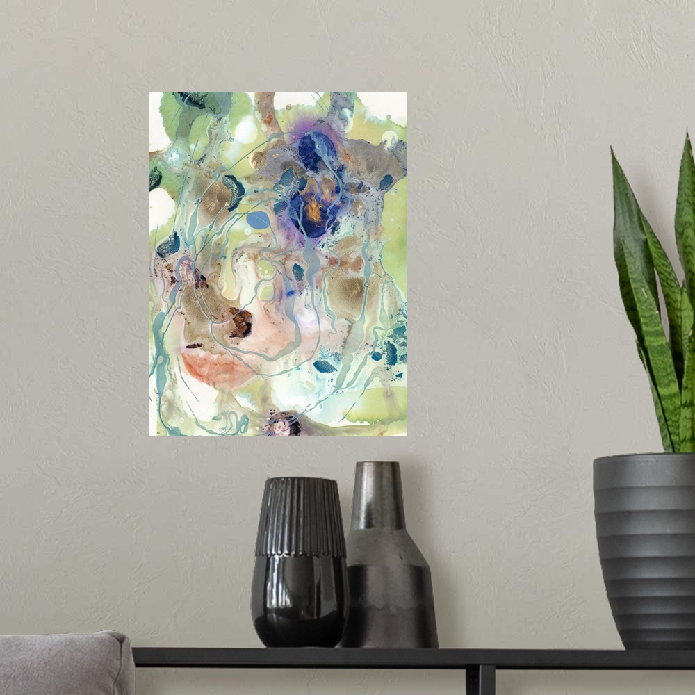 A modern room featuring Vertical abstract artwork of varies colors in a messy swirls with fine drips of paint.