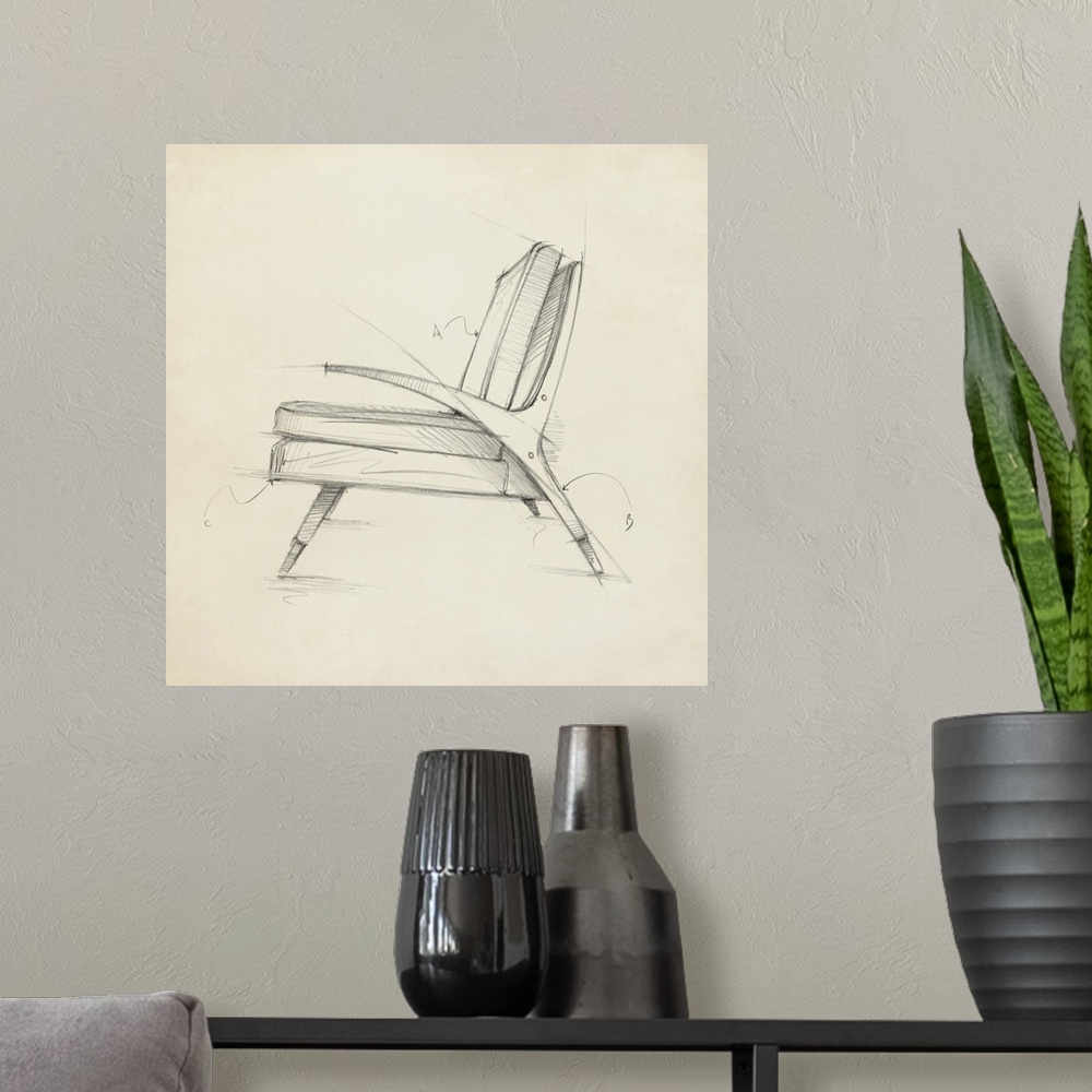 A modern room featuring Industrial design diagram of a stylish chair.