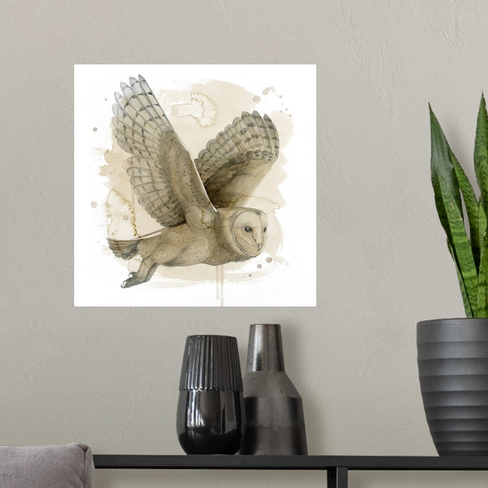 A modern room featuring Contemporary watercolor portrait of an owl in flight.