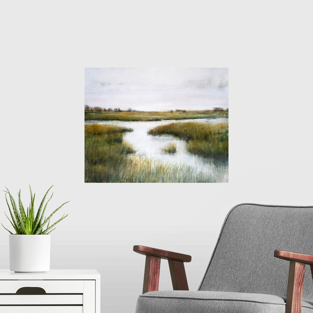 A modern room featuring A beautiful serene scene of tall reeds growing in a marsh setting. The grasses are tipped with go...