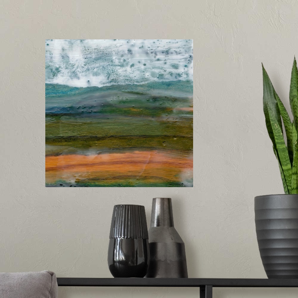 A modern room featuring Contemporary abstract painting of a rugged mountain landscape.