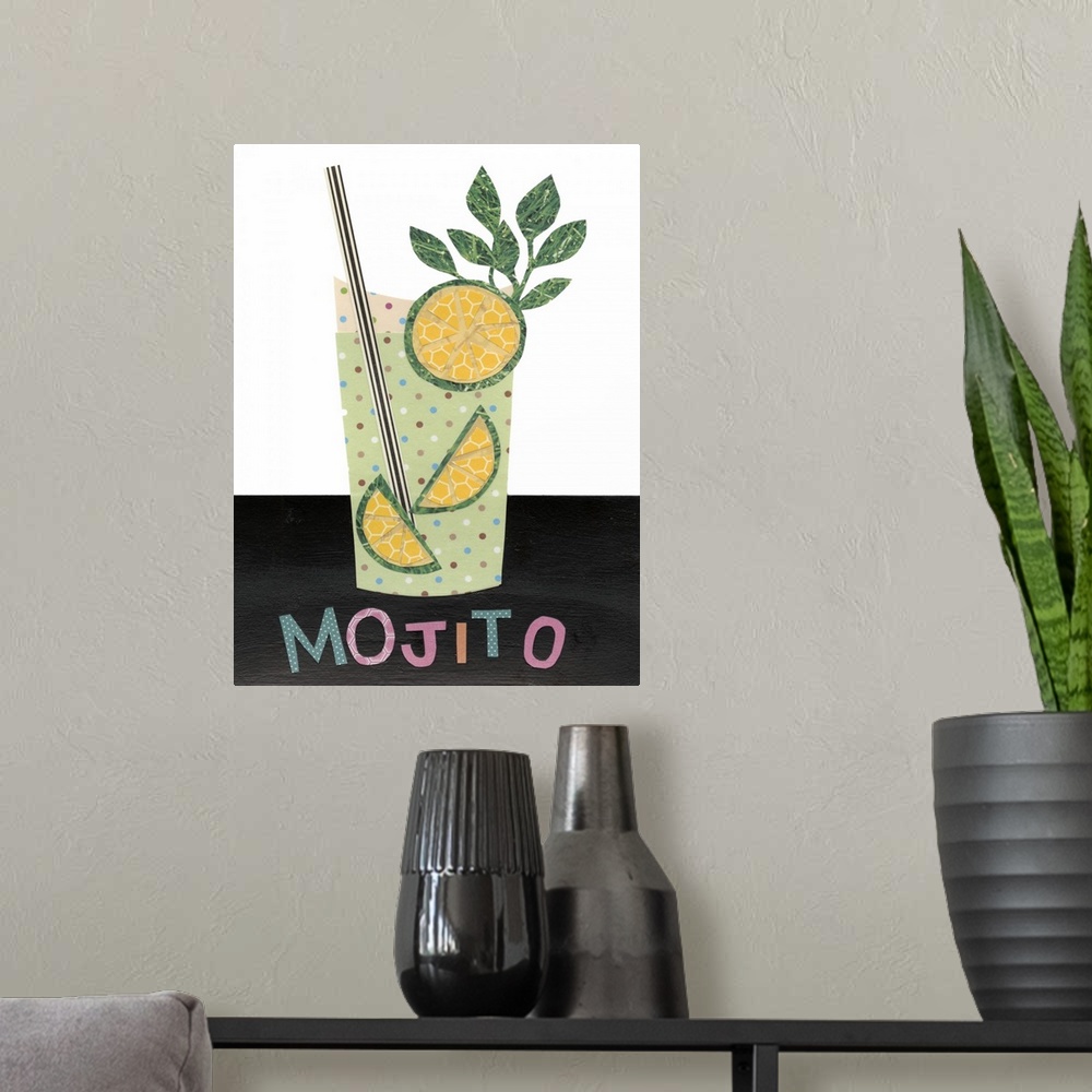 A modern room featuring This decorative artwork has double meaning by featuring mixed drinks created with mixed media com...
