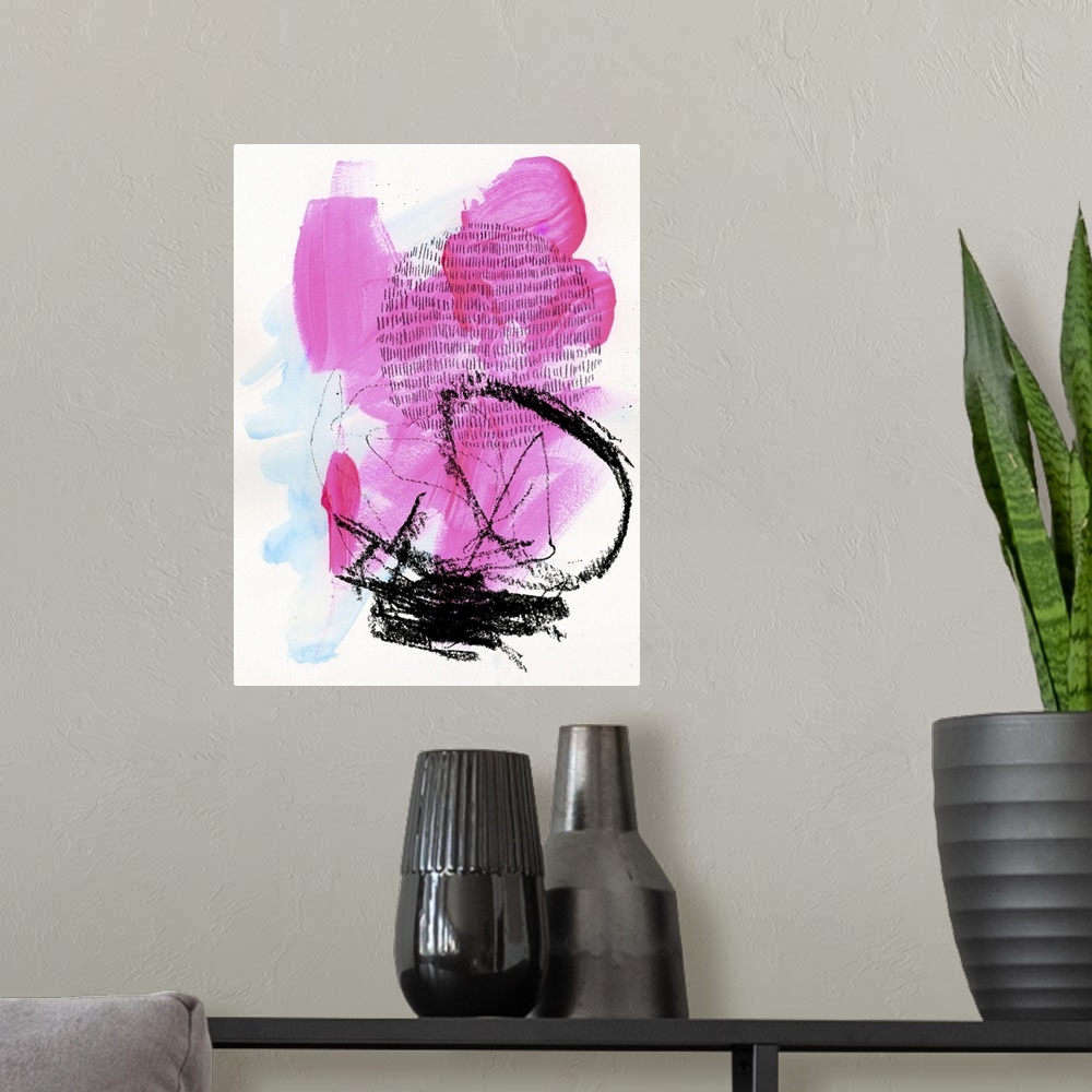 A modern room featuring Abstract artwork featuring energetic pink and light blue brush strokes under black gestural chalk...