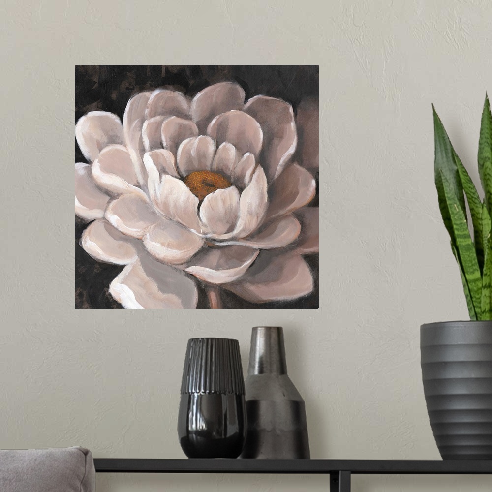 A modern room featuring Contemporary close-up painting of a white flower against a dark background.
