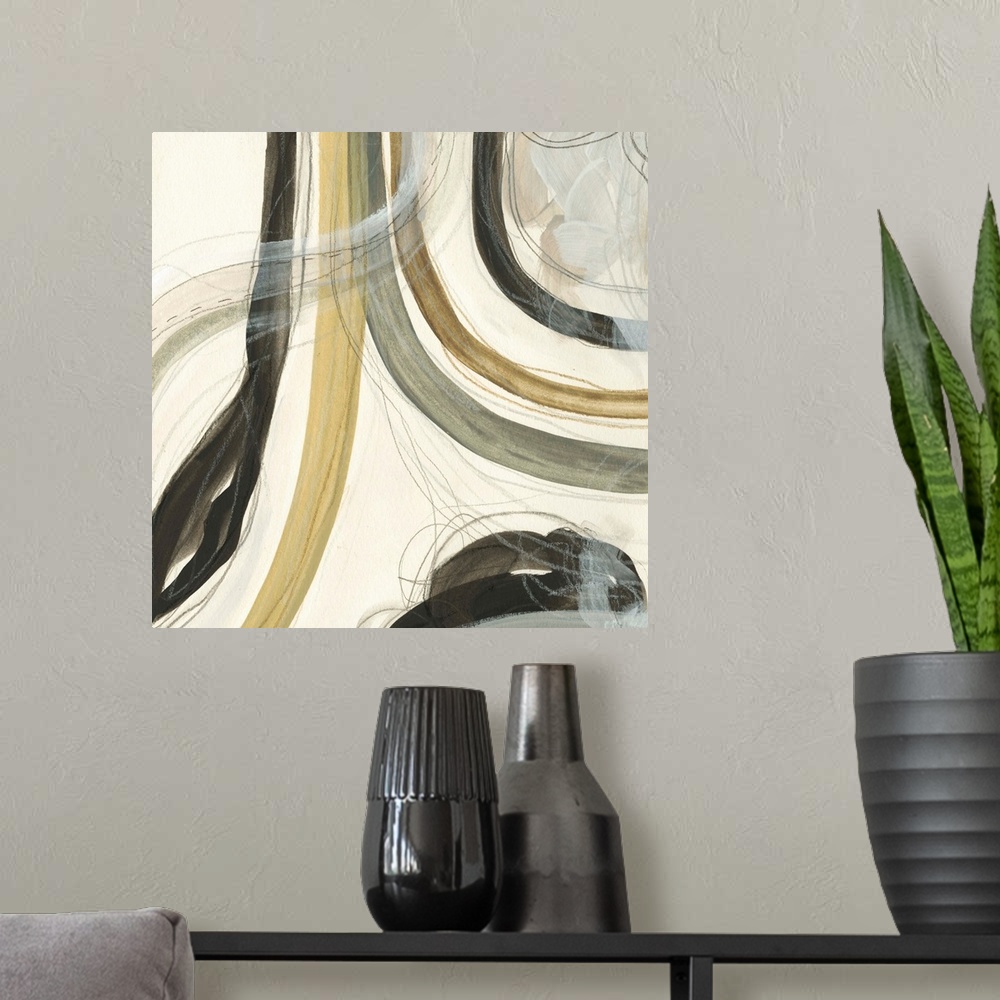 A modern room featuring Abstract artwork in earth tones with curving lines.