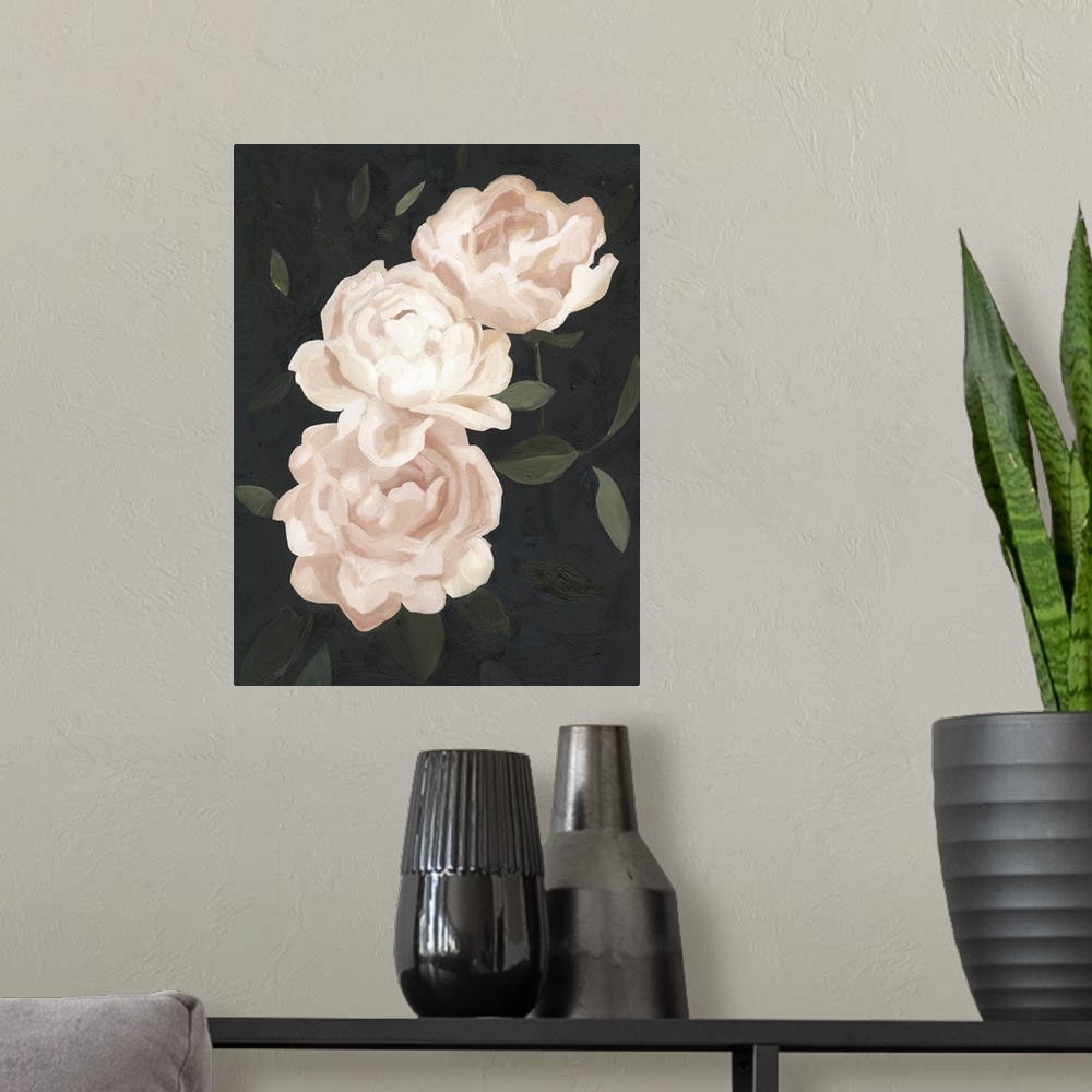 A modern room featuring Vertical painting of blush and white blooming flowers against dark green leaves.