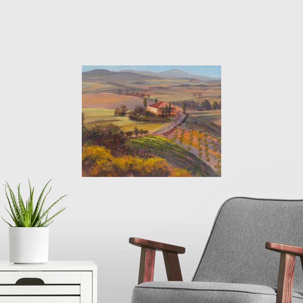 A modern room featuring A contemporary painting of a Tuscan landscape of rolling hills in warm muted tones.