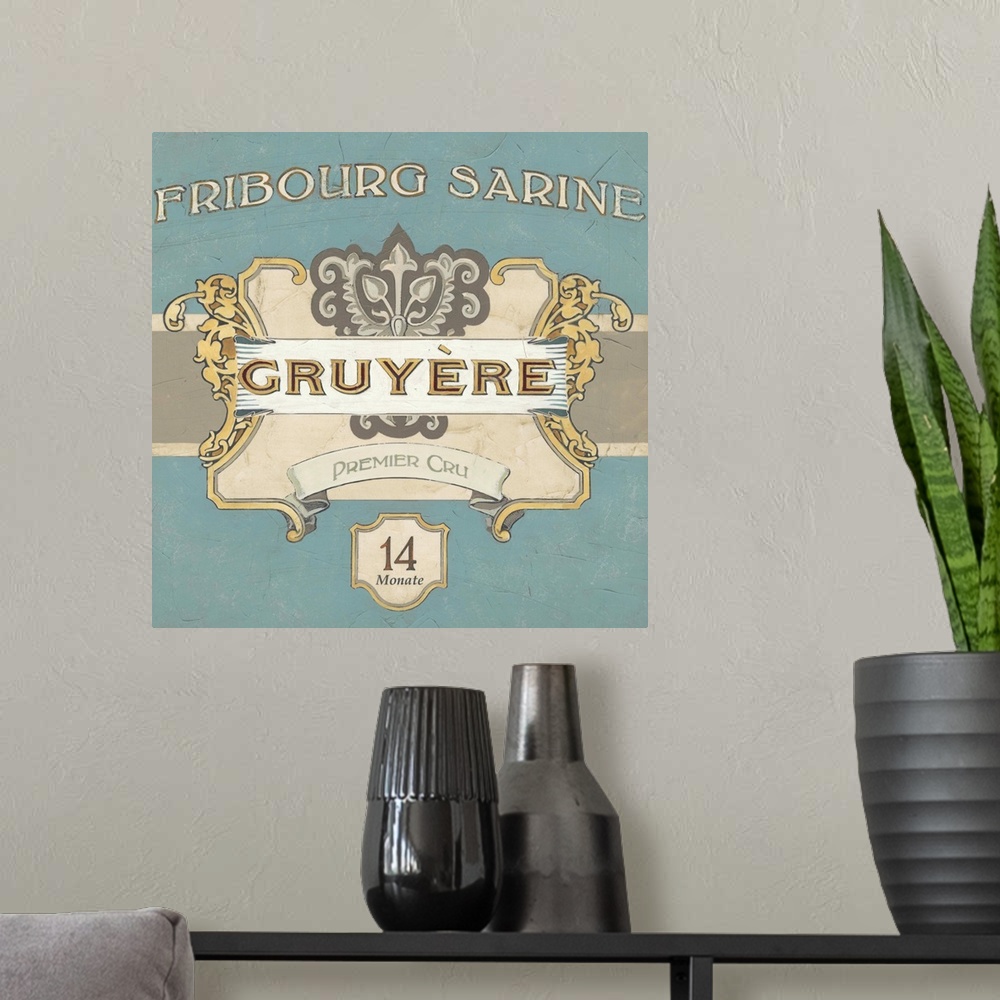 A modern room featuring Vintage style label for Gruyere cheese.