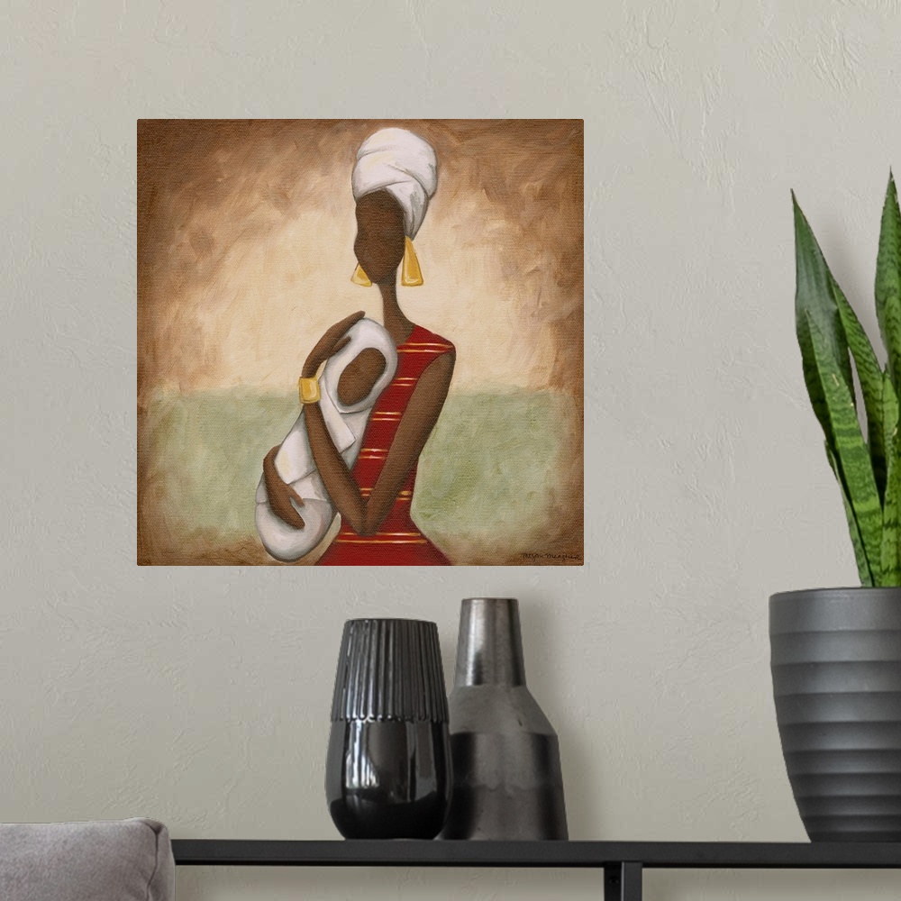 A modern room featuring Painting of an African woman holding a child wrapped in blankets.