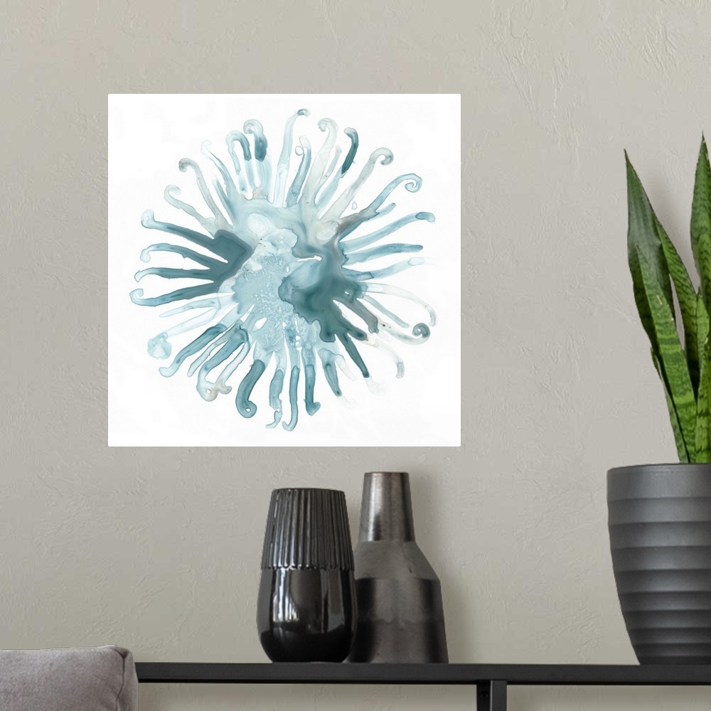 A modern room featuring Decorative watercolor painting of sea urchin in shades of blue on a white backdrop.