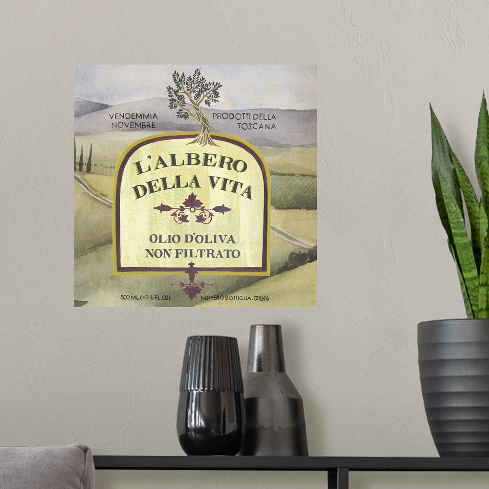 A modern room featuring Painting of a classic olive oil label with a Tuscan landscape.