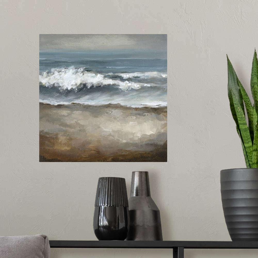 A modern room featuring Painting of ocean waves crashing onto beach under a dark sky.